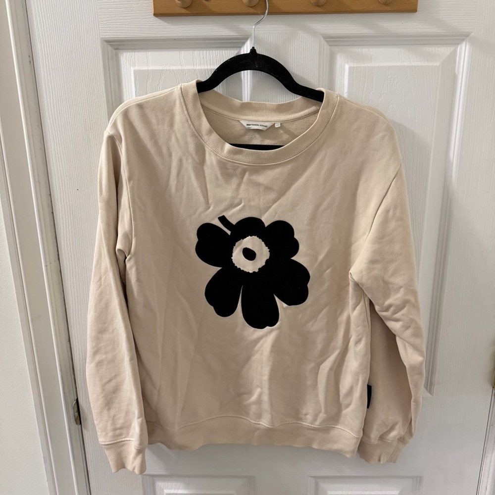 Marimekko Beige Crewneck Sweatshirt with Black Floral Graphic XXS